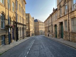 Currer Street, in the heart of former textile buildings, built with Yorkshire stone in, Little Germany, Bradford, UK
