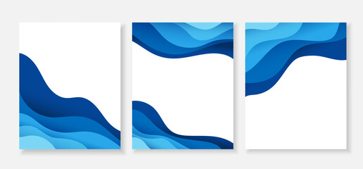 Blue ocean wave flowing curve banner set design poster vector abstract background