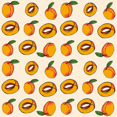 Seamless vector pattern of colored apricot on a yellow isolated background. For fabric, cover, and background.