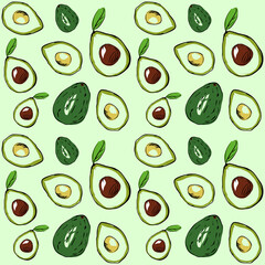 Seamless vector pattern of colored avocado on a green isolated background. For fabric, cover, and background.