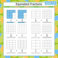 Equivalent Fractions Mathematical Worksheet Set. Coloring Book Page. Math Puzzle. Educational Game. 