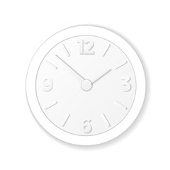 Vector white wall clock with white arrows. With a shadow. Isolated over white background.