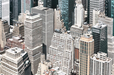 Aerial view of Manhattan diverse architecture, color toning applied, New York City, USA.