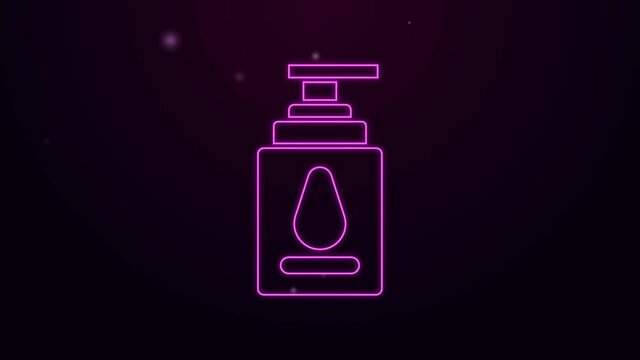 Glowing neon line Personal lubricant icon isolated on purple background. Lubricating gel. Cream for erotic sex games. Tube with package box. 4K Video motion graphic animation.