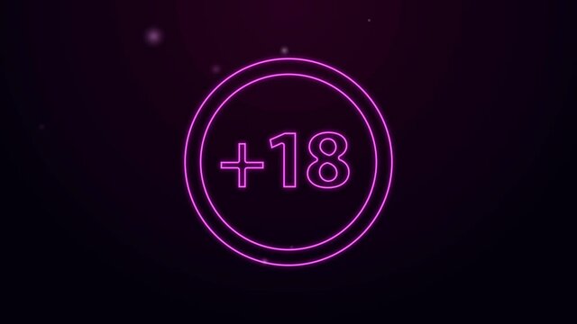 Glowing neon line Plus 18 movie icon isolated on purple background. Adult content. Under 18 years sign. 4K Video motion graphic animation.