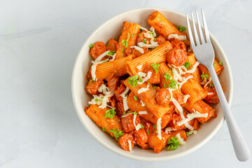Rigatoni Pasta with Tomato Sauce,  Mozzarella cheese, Fresh Parsley in a Bowl Top Down Photo