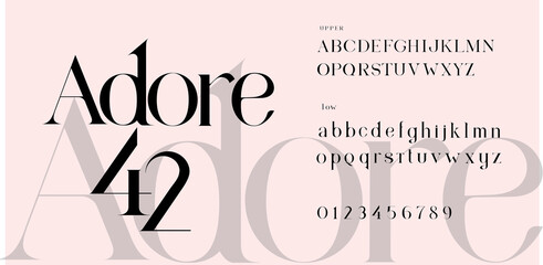 Adore font Set. Lowercase and Uppercase included. Signs and nimerals. Elegant logo and fashion alphabet. - obrazy, fototapety, plakaty