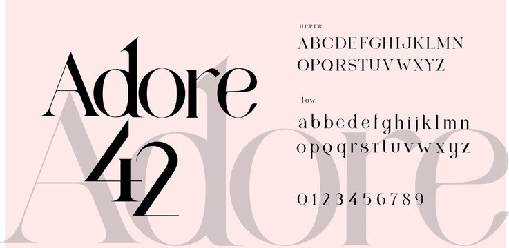 Adore font Set. Lowercase and Uppercase included. Signs and nimerals. Elegant logo and fashion alphabet.