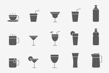 Soft drink Icons set - Vector silhouettes of water, soda, juice, cocktail, cup, can, mug, coffee, tea for the site or interface