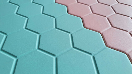 close up of pastel ,blue and pink color ,interior hexagon tiles. trendy interior material for kids and sweet concept.