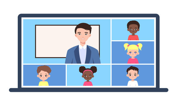 Online school class. Young man teaching on video conference call on laptop. Children studying on computer from home. Remote education. World Teachers' Day. Vector isolated on white background - Powered by Adobe