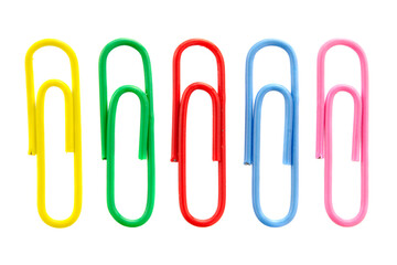 Collection of colorful paper clips isolated on white background, top view. Colored paper clips on a white background, top view. Five colored paper clips isolated on a white background.