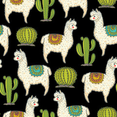 Alpaca seamless pattern. Hand drawn vector illustration. Cute llamas and cactus. Alpaca, llama, cactus background.