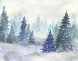 Obraz premium Watercolor forest fog haze landscape nature