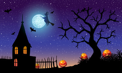 Vector illustration of halloween. Pumpkin Jack on background of the old house, cemetery and full moon.