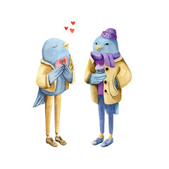 Watercolor cute birds in fancy suits.