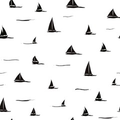Seamless pattern with yacht silhouette on waves - 379988188