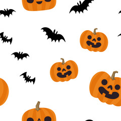 Pumpkins and bats halloween pattern. Seamless texture with cute and funny illustrations.