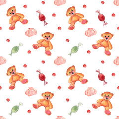 Seamless pattern with cute bear, candies, marshmallows and berries. Watercolor illustration on a white isolated background. Perfect for kids, Birthday parties and holidays. 