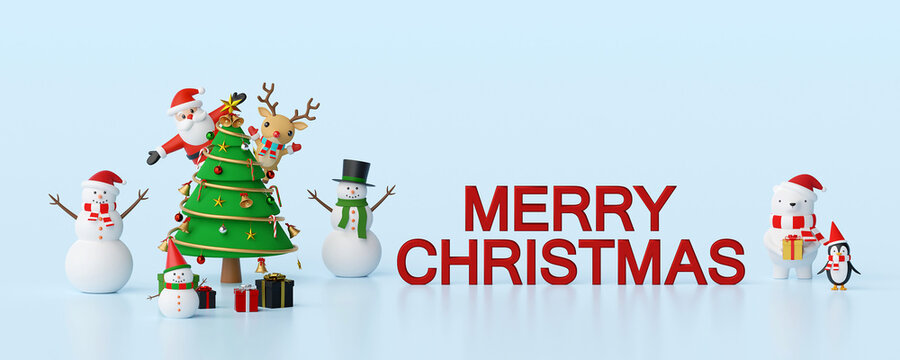 Merry Christmas and Happy New Year, Banner of Christmas celebration with Santa Claus and friends, 3d rendering