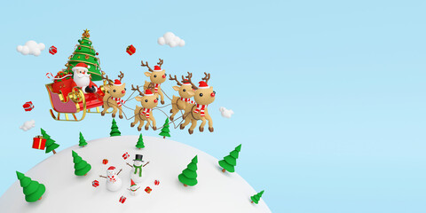 Scene of Santa Claus on a sleigh full of Christmas gifts and pulled by reindeer, 3d rendering