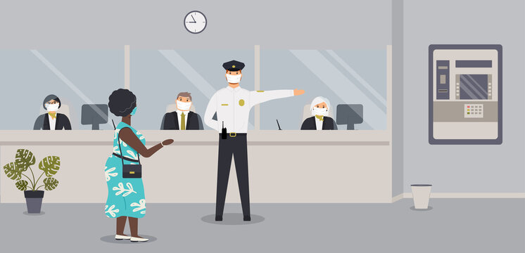 Bank office interior during virus epidemic. Bank clerks in face masks sit behind barrier with glass, ATM or cash machine.Financial institution.Hall with counter with clients and security guard. Vector
