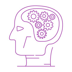 AI technology.Artificial Intelligence.Neural network concept.Robot head cybernetic with gears cogwheels.Flat illustration  .Contour symbol. Vector isolated outline . Linear icon.Isolated on a white ba