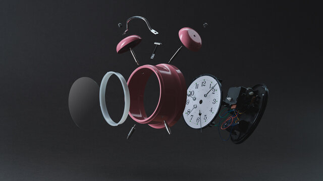 Disassembled Parts Of Pink Alarm Clock Floating Against The Dark Background