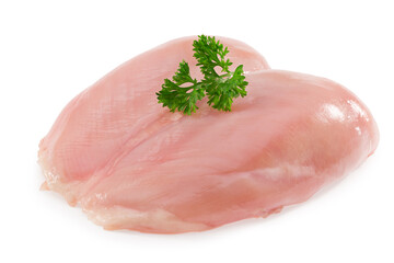Raw chicken fillet with parsley isolated on white background