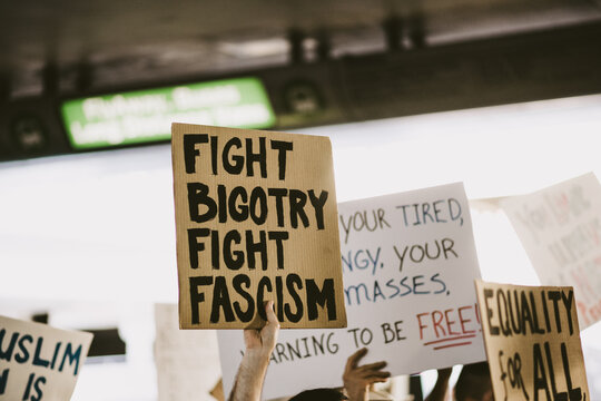 Protest sign - "Fight Bigotry, Fight Fascism"