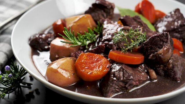beef stew with carrot, potato and wine sauce- boeuf bourguignon