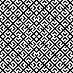 Seamless Chinese window tracery pattern. Repeated stylized black figures and lines on white background. Symmetric geometric abstract wallpaper. Trellis motif. Digital paper, textile print. Vector art