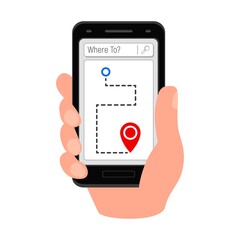 Mobile App Interface concept design. Map GPS navigation. Smartphone map application and red pinpoint on screen, App search map navigation, isolated on white background. 