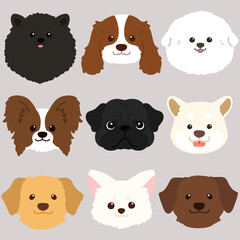 Set of adorable dogs' faces flat colored