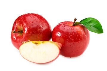 red apples with slices and green leaves isolated on a white background