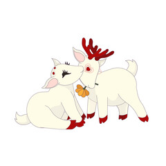 She-deer kisses a white deer with red antlers in Cartoon style on white isolated background, vector illustration for postcards and stickers, concept of Love, Valentines Day, Lovers, Wildlife.