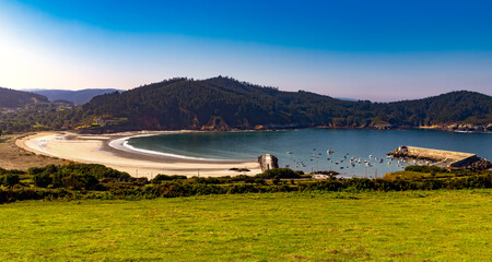 High angle view of Porto de Espasante beach and harbor in the Galicia region of Spain.