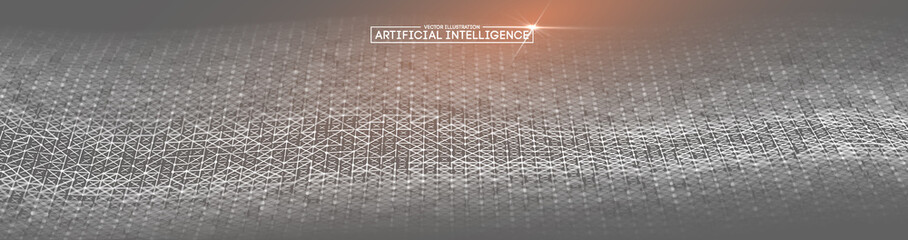 Artificial intelligence vector wave light background digital wallpaper. Communication network. Business information abstract wallpaper. Background 3d grid. Ai tech wire network futuristic wireframe