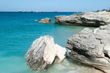Grand Bahama Island Eroded Coastline With Cargo Ships