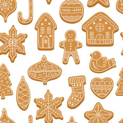 Christmas gingerbread pattern with sweet cookies, white icing for decoration. Traditional biscuit for xmas dinner. Vector illustration in flat cartoon style, isolated on white chalkboard background.