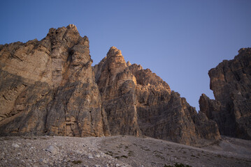 The south side of Three peaks of Lavaredo in the Italian Dolomites.