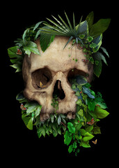 Skull with plants on black background.