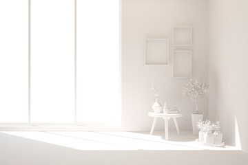 Empty room in white color. Scandinavian interior design. 3D illustration