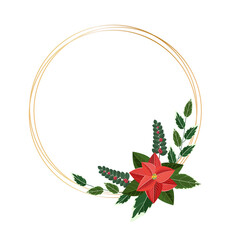 Christmas gold frame with red poinsettia flower and winter leaf. Vector illustration. 