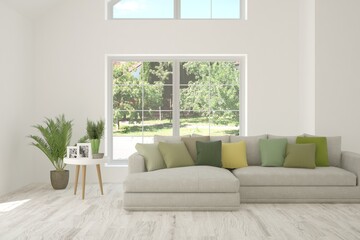 White living room with sofa and summer landscape in window. Scandinavian interior design. 3D illustration