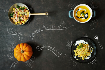 pumpkin illustration on Black wood background with different recipes, graphic texts, autumn theme with bright colors and seasonal vegetables - 379999373