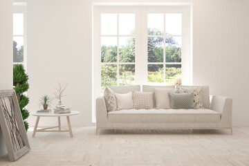 Fototapeta na wymiar White living room with sofa and summer landscape in window. Scandinavian interior design. 3D illustration
