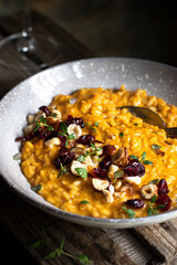 Pumpkin risotto with hazelnuts and cranberries 