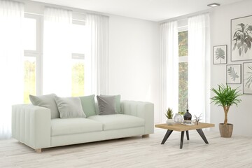 Fototapeta premium White living room with sofa. Scandinavian interior design. 3D illustration