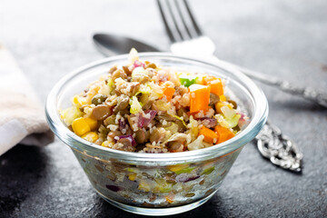 Lentil salad with veggies. Lentil salad with mix vegetables in bowl.
